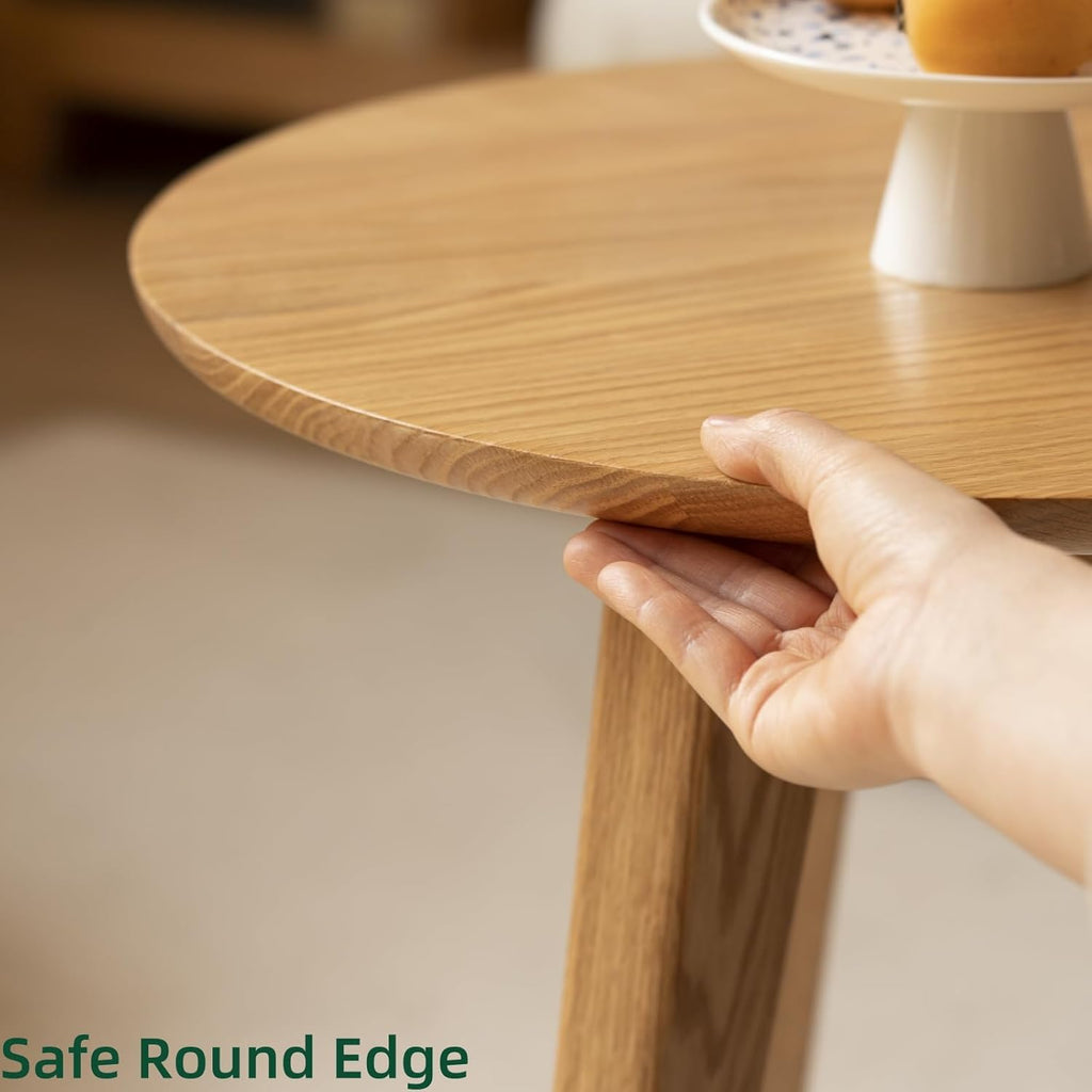100% Solid Oak Wood Coffee Table Set, Round Coffee Table Combo Side Table w/Solid Wood Legs, Mid Century Table Sturdy Tables for Bedroom Balcony Living Room (Natural, 3 Pieces)