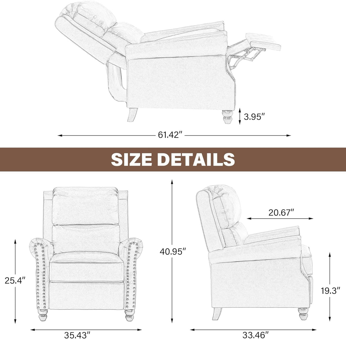 UIXE Pushback Recliner Chair, PU Leather Armchair Push Back Accent Chair for Living Room, Rivet Trim Club Chair Home Theater Overstuffed Single Sofa Bedroom Reading Seat - Black