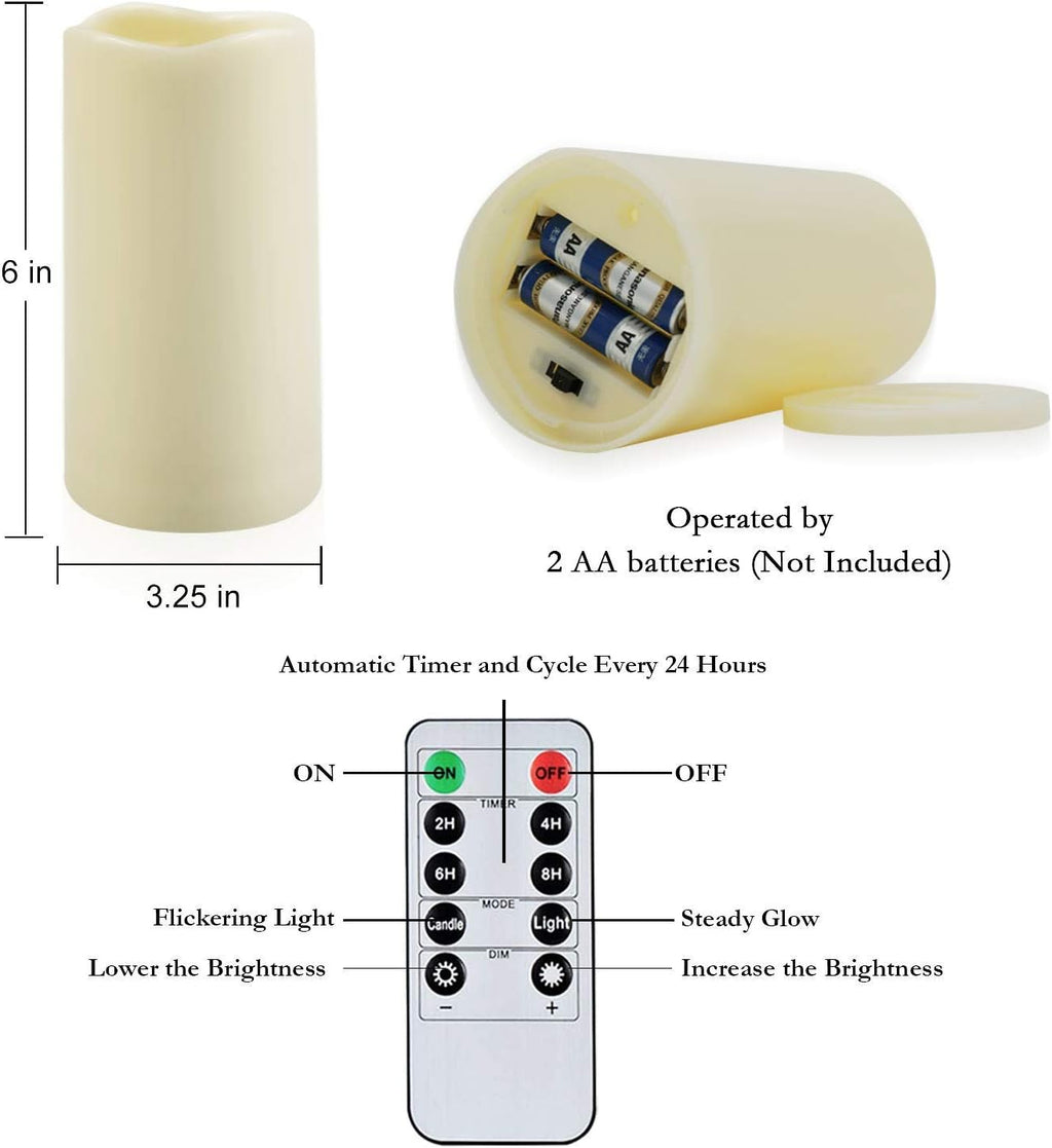 Amagic 3" x 6" Outdoor Waterproof Flameless Candles, Battery Operated Candles with Remote and Timer, Flickering Electric LED Pillar Candle for Outdoor Patio, Garden, Indoor Room Decor, Ivory, Set of 6