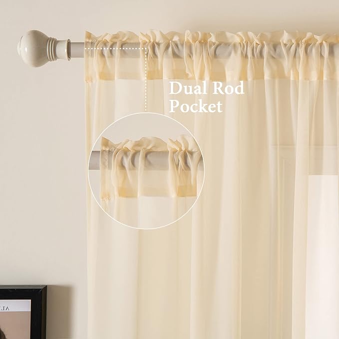 MIULEE Cream Beige Sheer Curtains 54 X 45 Inches, 2 Panels | Solid Color - Image 2