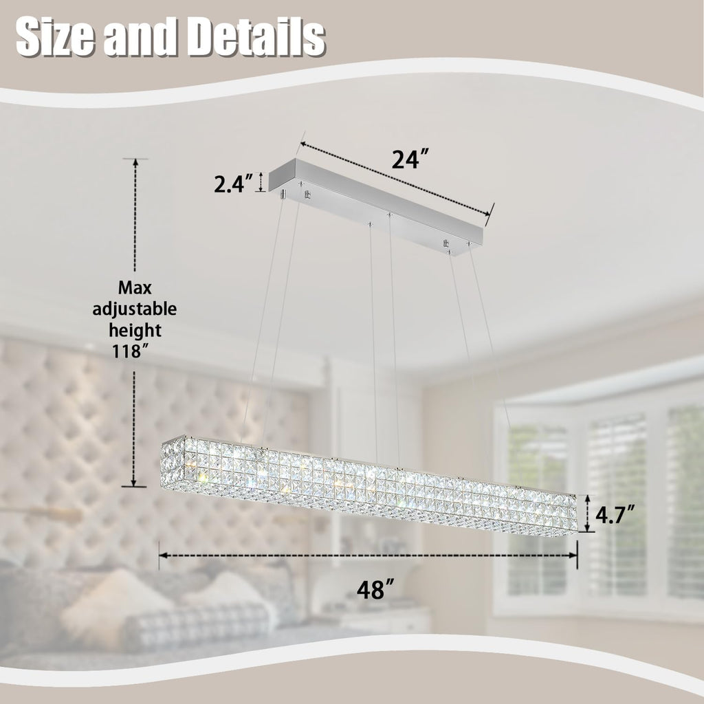 W48 Modern Rectangular Crystal Chandeliers Dining Room Chandelier,Silver Pendant Light Fixture with Remote Control for Living Room Kitchen Island