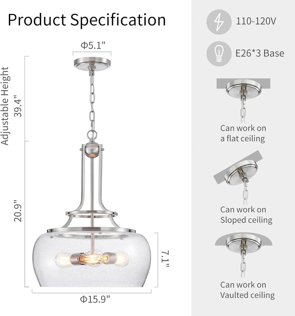 WUZUPS Chandelier Rustic Farmhouse Industrial Round Ceiling Pendant LED Light Fixture Clear Seeded Glass Shade for Dining Room Kitchen Island Foyer Entryway, H 20.9" x W 15.9", Brushed Nickel