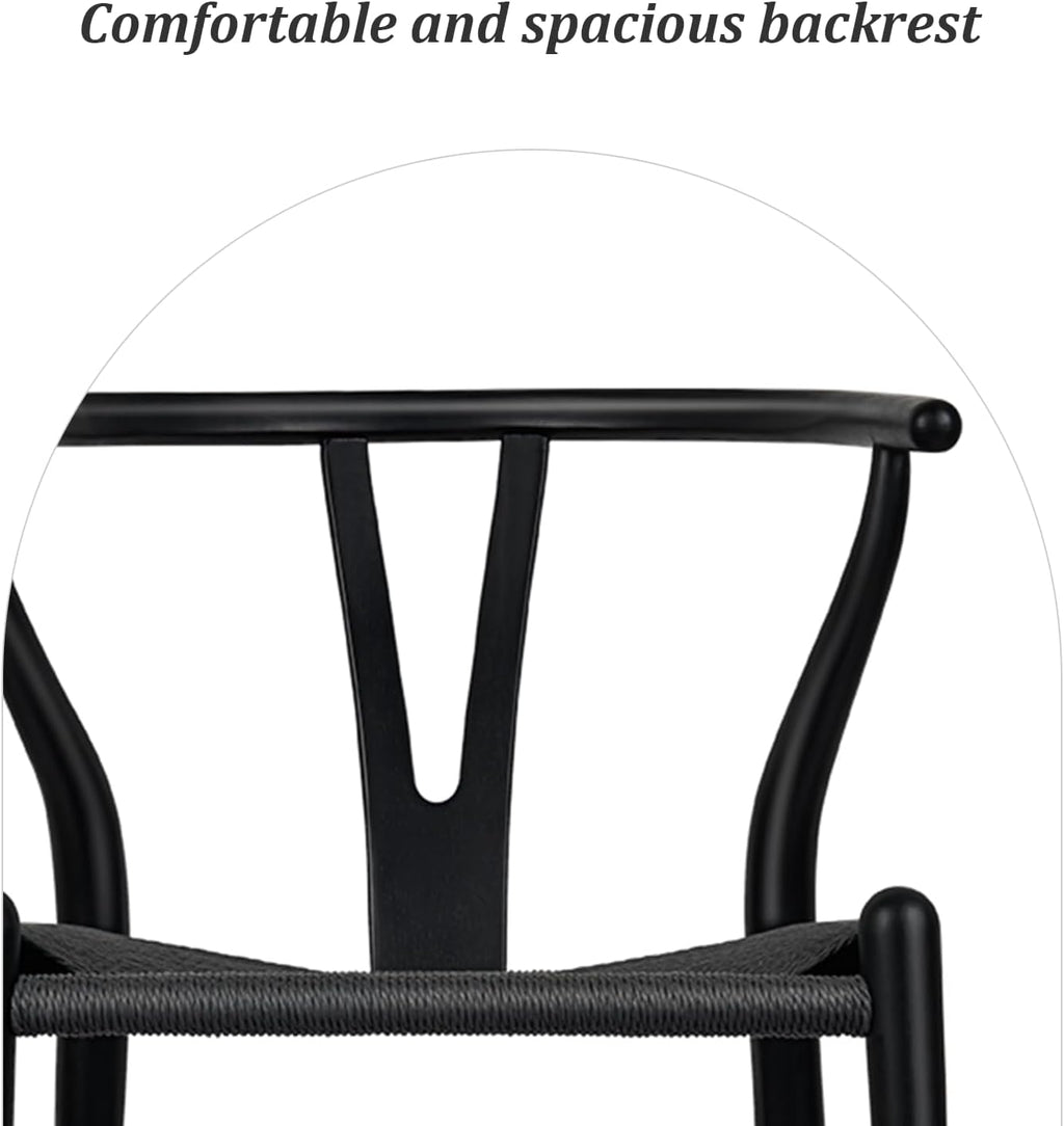 Wishbone Chair Natural Solid Wood Dining Chair/Hans Vegner Y Chair Rattan and Wood Accent Armrest Chairs Set of 2 (Ash Wood - Black)