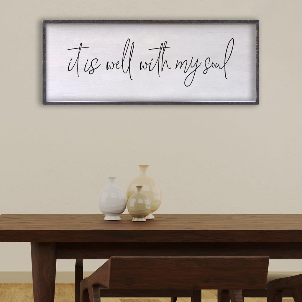 It Is Well With My Soul Wall Decor 32"x12" Bible Verse Christian Scripture Wood Framed Art Sign for Master Bedroom Living Room(Black)