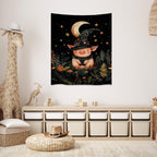 Whimsical Witch Pig Tapestry Wall Hanging Cute Farmhouse Animal Tapestry Aesthetic Moon and Stars Pictures Print Cottagecore Witchy Halloween Artwork Tapestries Decor for Living Room Bedroom 40x60inch