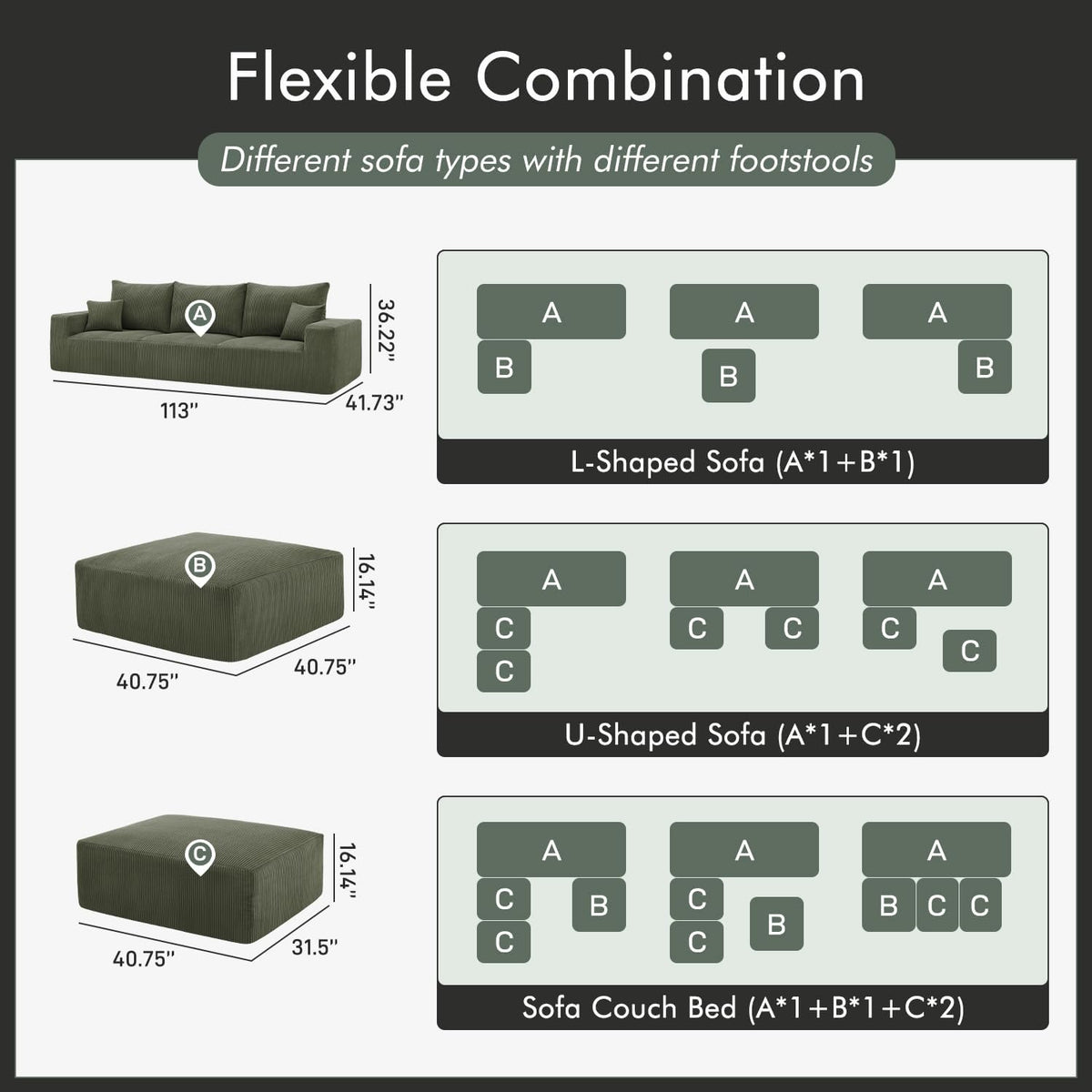 Boneless Sectional Cloud Couch Sofa Bed for Living Room, 112" Modular Modern Lounge 3 Seater Sleeper Green Couches with Chaise, No Assemble, Cordury Compression Upholstered Sofas