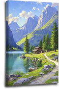 Landscape wall painting of mountain forest lakeside cabin under blue sky and white clouds natural oil painting poster suitable for living room bedroom office