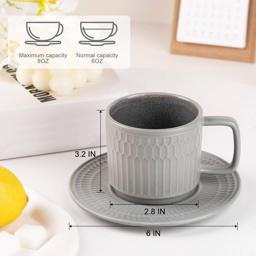 Large Cappuccino Cups with Saucers Set of 4, 8 Ounce Stackable Embossed Ceramic Coffee Mugs for Specialty Coffee Drinks, Latte, Cafe Mocha and Tea, Dishwasher & Microwave Safe (Grey)