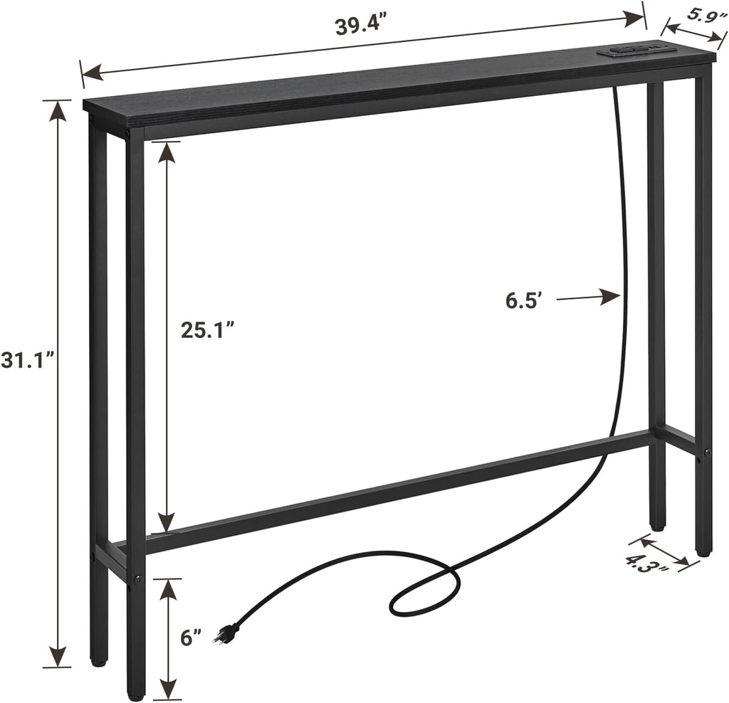 ELYKEN 5.9" Narrow Console Sofa Table with Power Outlets, 5.9" Dx39.4 Wx31.1 H Long Black Behind Couch Table with Metal Frame and Charge Station with 6.5’ Extension Cord