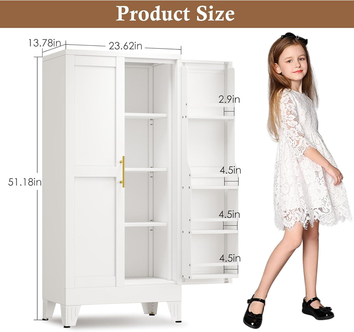 51" Metal Kitchen Pantry Cabinet, Storage Cabinets with 2 Door and 3 Adjustable Shelves, White Freestanding Food Storage Cabinet, Steel Cupboard for Kitchen Dinning Room