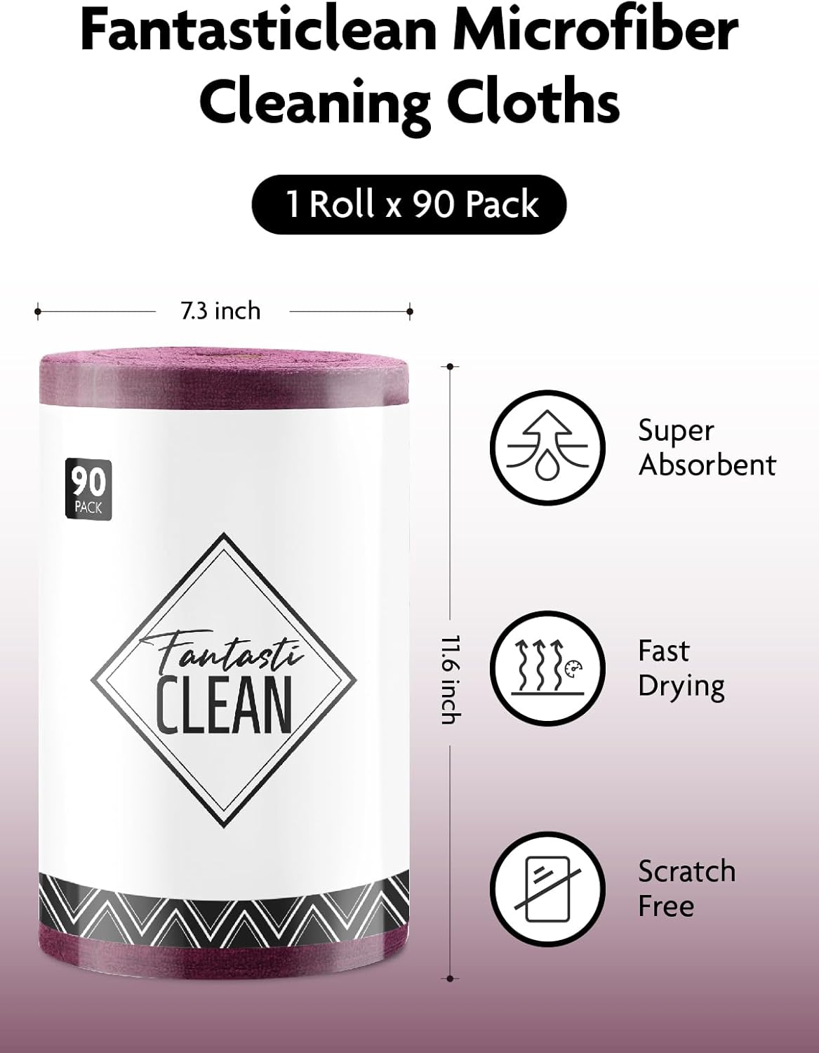 Fantasticlean Microfiber Cleaning Cloth Roll -90 Pack, Tear Away Microfiber Towels, 12" x 12", Reusable, Washable, Scratch Free, Ultra Absorbent Dish Rags for Car, Home, Garage or Shop (Deep Purple)