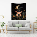 Whimsical Witch Pig Tapestry Wall Hanging Cute Farmhouse Animal Tapestry Aesthetic Moon and Stars Pictures Print Cottagecore Witchy Halloween Artwork Tapestries Decor for Living Room Bedroom 30x40inch