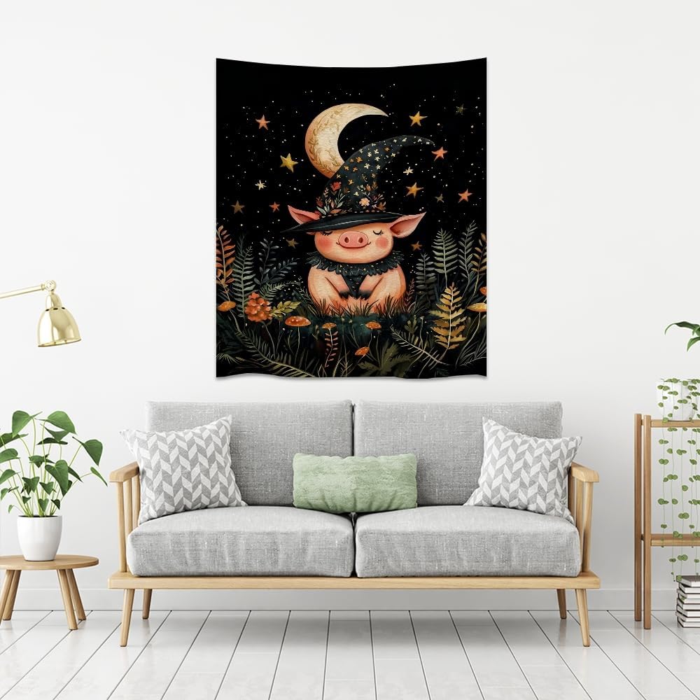 Whimsical Witch Pig Tapestry Wall Hanging Cute Farmhouse Animal Tapestry Aesthetic Moon and Stars Pictures Print Cottagecore Witchy Halloween Artwork Tapestries Decor for Living Room Bedroom 60x80inch