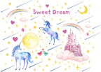 Glow in The Dark Unicorn Castle Wall Decals,Peel and Stick Colorful Unicorn Wall Stickers with Moon Stars Sweet Dream Wall Art for Girls Kids Bedroom Nursery Party Home Decor(Blu-ray)