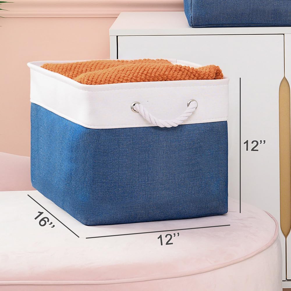 TheWarmHome Organization and Storage for Organizing - 3 Pack 16x12x12 inch Cube Storage Bin for Shelves, Fabric Storage Cubes for Closet Cloth Organizer Gift Toy (White & Jean Blue)