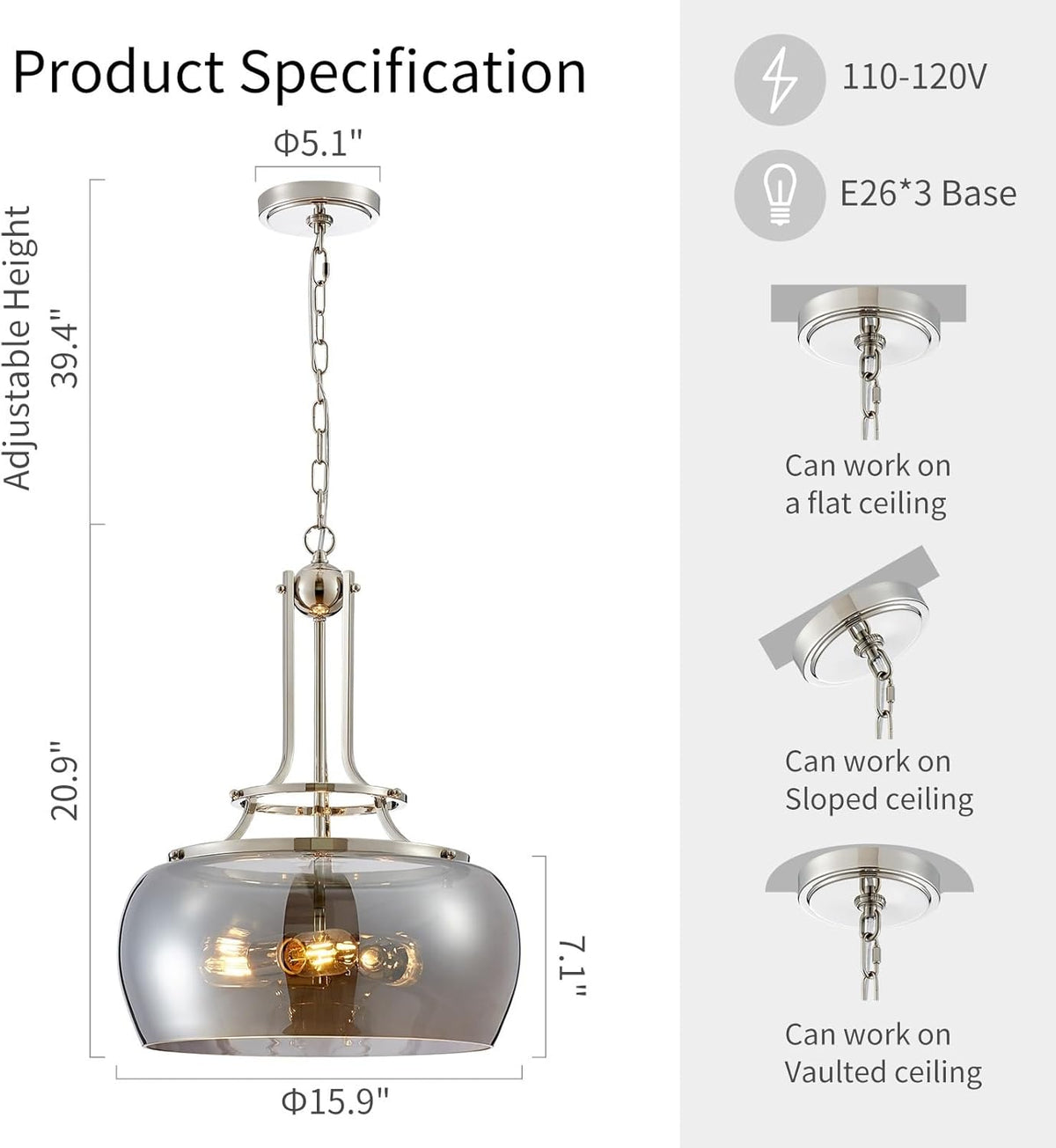 WUZUPS Nickel Chandelier Rustic Farmhouse Industrial Round Ceiling Pendant LED Light Fixture Electroplated Gray Glass Shade for Dining Room Kitchen Island Foyer Entryway, H 20.9" W 15.9", E26 Base