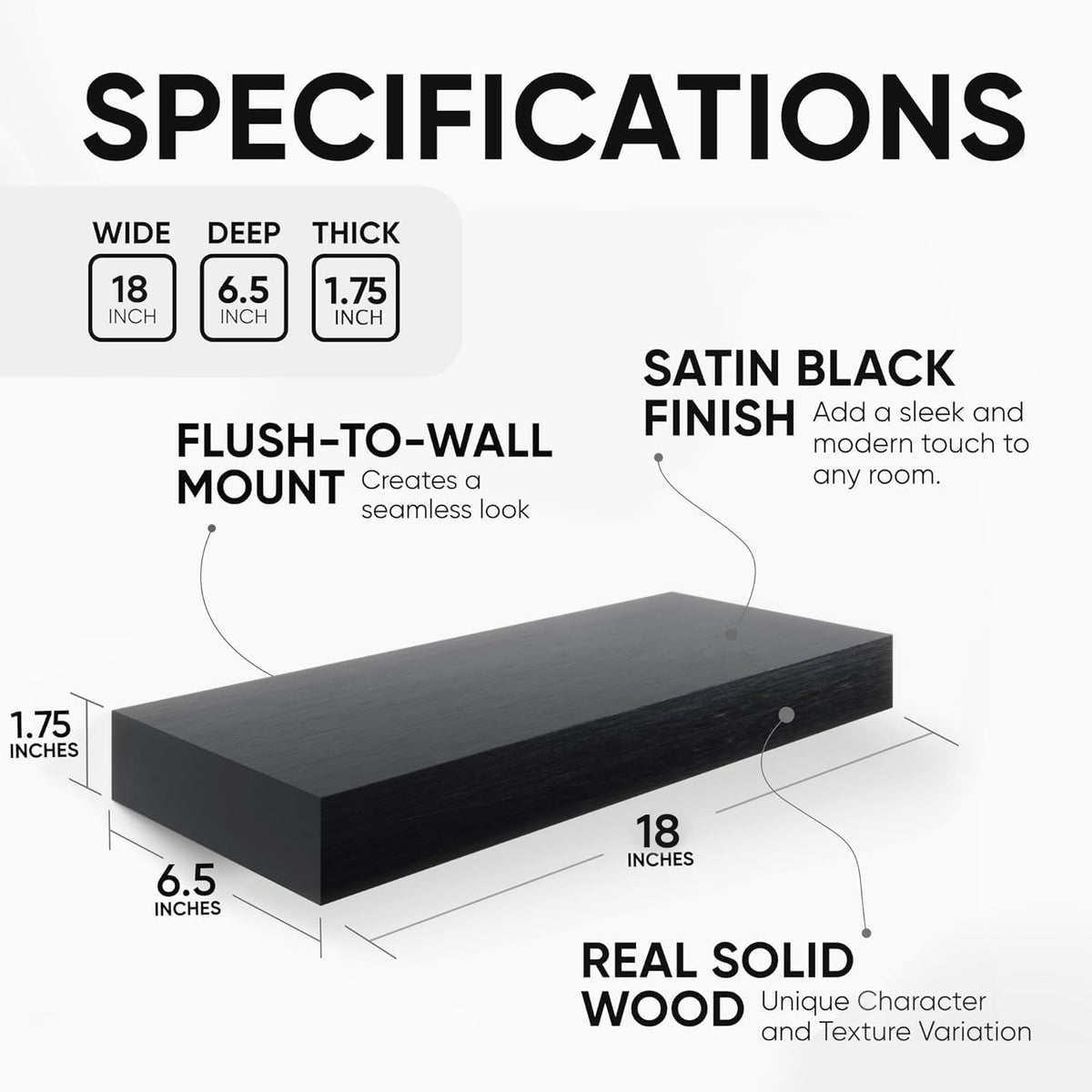 Homeforia Black Floating Shelf 18 inch, High End Solid Real Wood 18inch Bathroom Floating Shelves for Wall Mounted, Black Wooden 18in Floating Shelves, Heavy Duty Bracket, 18 X 6.5 X 1.75 in, Set of 4