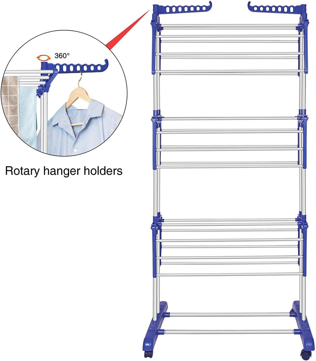 Bigzzia Clothes Drying Rack, Folding Stainless Steel Drying Rack Clothing Indoor Outdoor, Space-Saving, 4 Tier Laundry Drying Rack with Two Side Wings Grey Blue