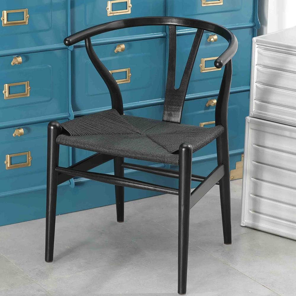Wishbone Chair, Solid Wood Armrest Woven Seat Chair, Kitchen & Dining Chair, Wishbone Y Black Chairs - Set of 2 (Ash Wood - Black)