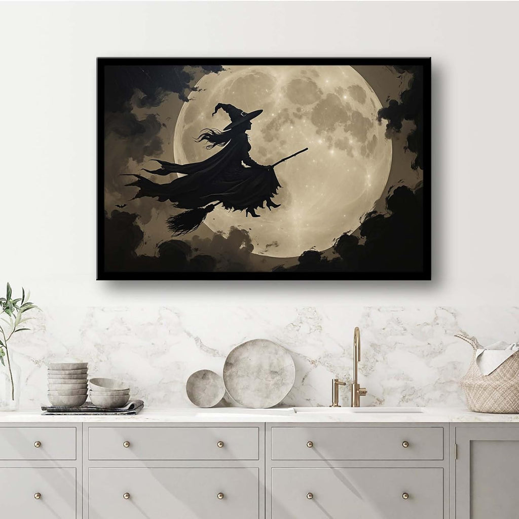 JFHCQJPK Full moon witch silhouette poster witch on magic broom Halloween mural poster decorative mural art suitable for home living room bedroom12x16in Metal blackFramed