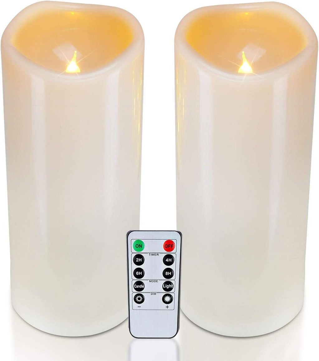 Homemory 4" x 10" Large Waterproof Outdoor Flameless Candles, Battery Operated LED Pillar Candles with Remote and Timers for Indoor Outdoor Lanterns, Long Lasting, Dark Ivory, Set of 2