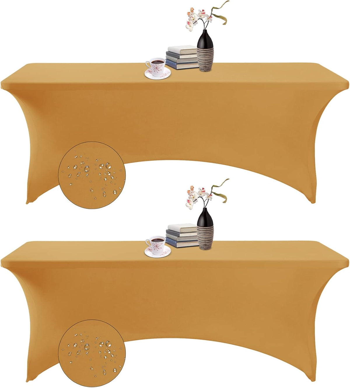 2Pack Spandex Waterproof Table Covers 8ft，Spandex 8ft Waterproof Table Cover for Party,Wedding, Banquet, and Events(Gold)