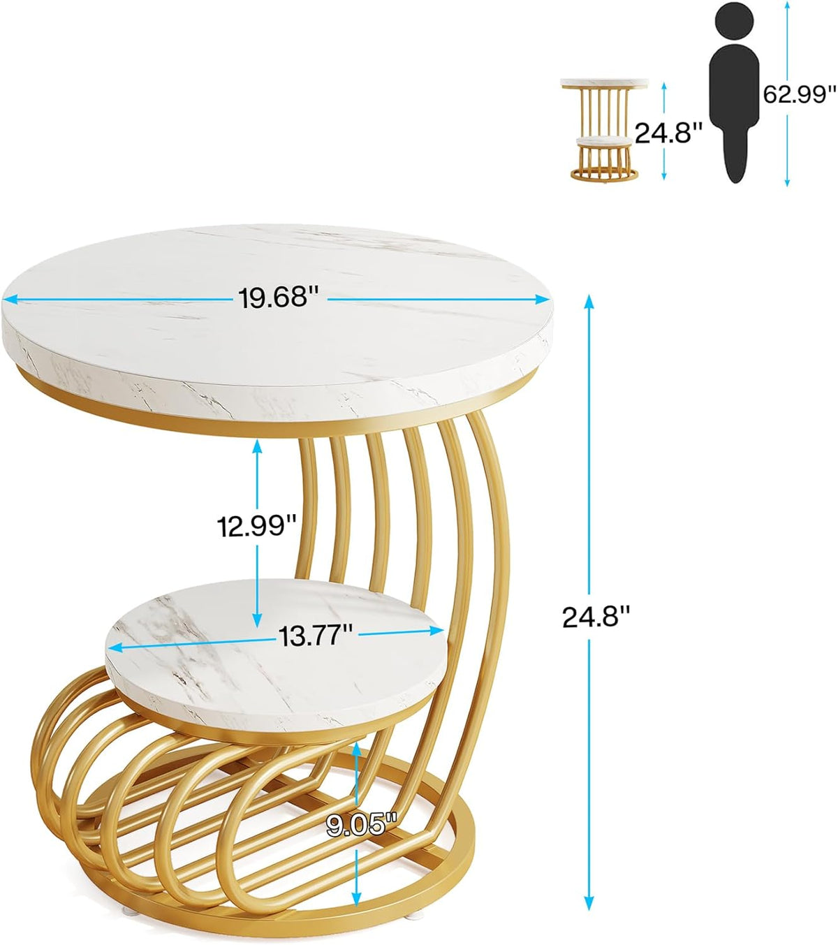 Tribesigns Gold Round End Table: 2 Tiers Side Table Set of 2 with Storage Shelf, Modern White Gold Bedside Nightstand, Metal Faux Marble Accent Table for Living Room