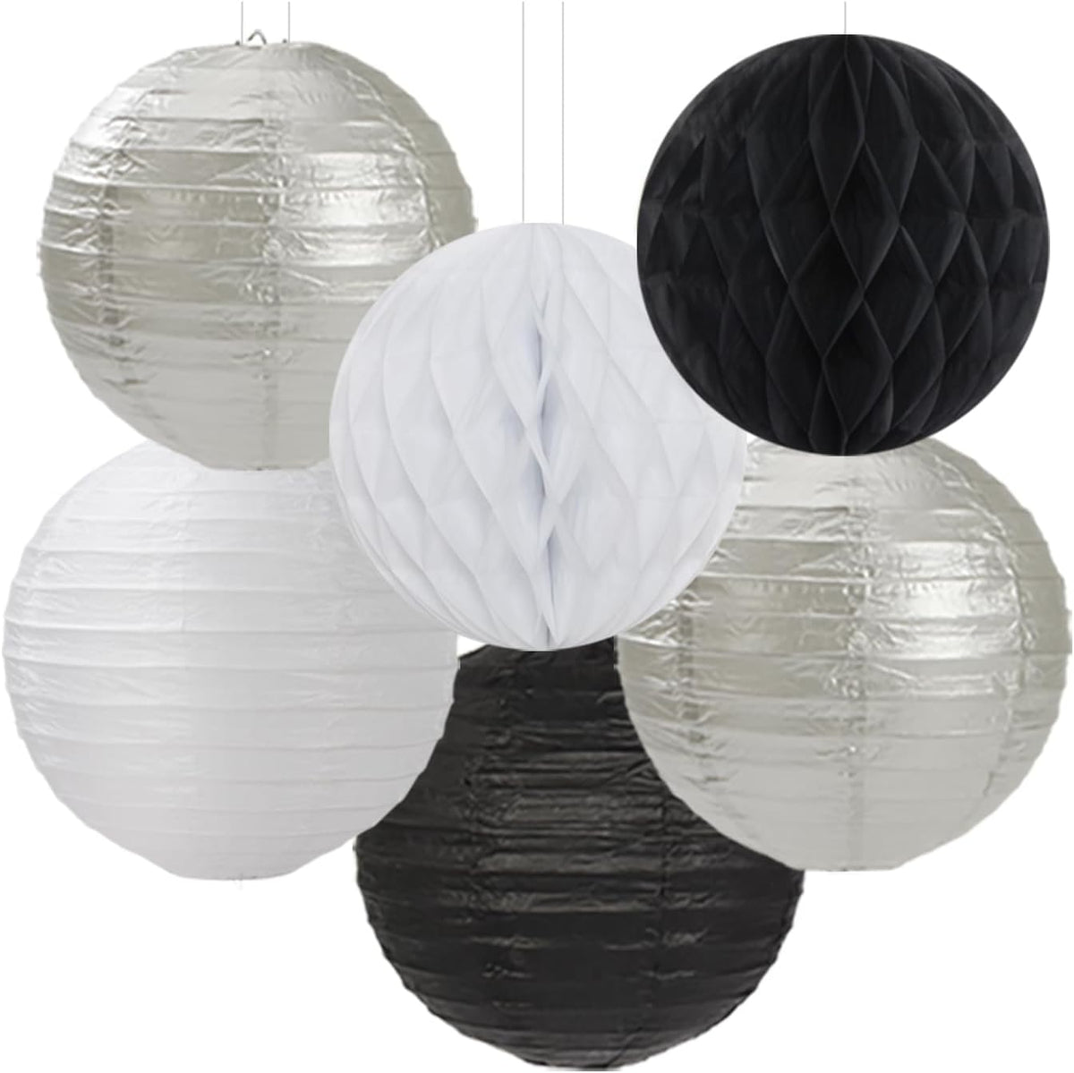 Black White Silver Party-Decorations Streamers-Lanterns - 14pc New Years Graduation 2025 Paper Fan, Bachelorette Birthday Wedding Baby Bridal Shower Tissue Pom Poms,Honeycomb Balls Decor Ouruola