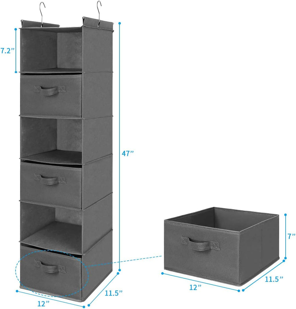 MAX Houser 6 Tier Shelf Hanging Closet Organizer, Closet Hanging Shelf with 2 Sturdy Hooks for Storage, Foldable (Grey-D3)