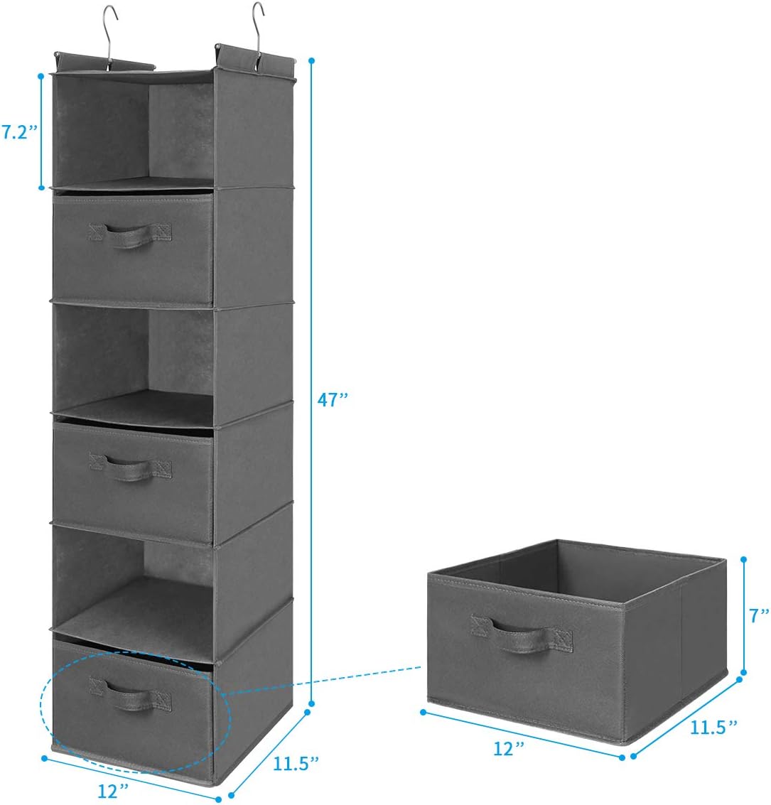 MAX Houser 6 Tier Shelf Hanging Closet Organizer, Closet Hanging Shelf with 2 Sturdy Hooks for Storage, Foldable (Grey-D3)