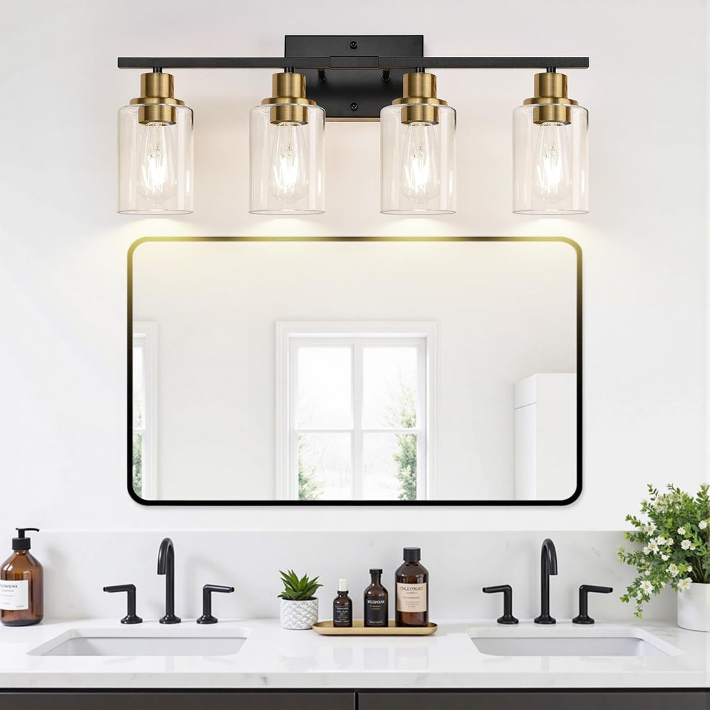 4-Light Bathroom Light Fixtures, Black and Gold Modern Vanity Lights with Clear Glass Shades, Bathroom Wall Lamp for Mirror Living Room Cabinet Bedroom Porch