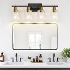 4-Light Bathroom Light Fixtures, Black and Gold Modern Vanity Lights with Clear Glass Shades, Bathroom Wall Lamp for Mirror Living Room Cabinet Bedroom Porch