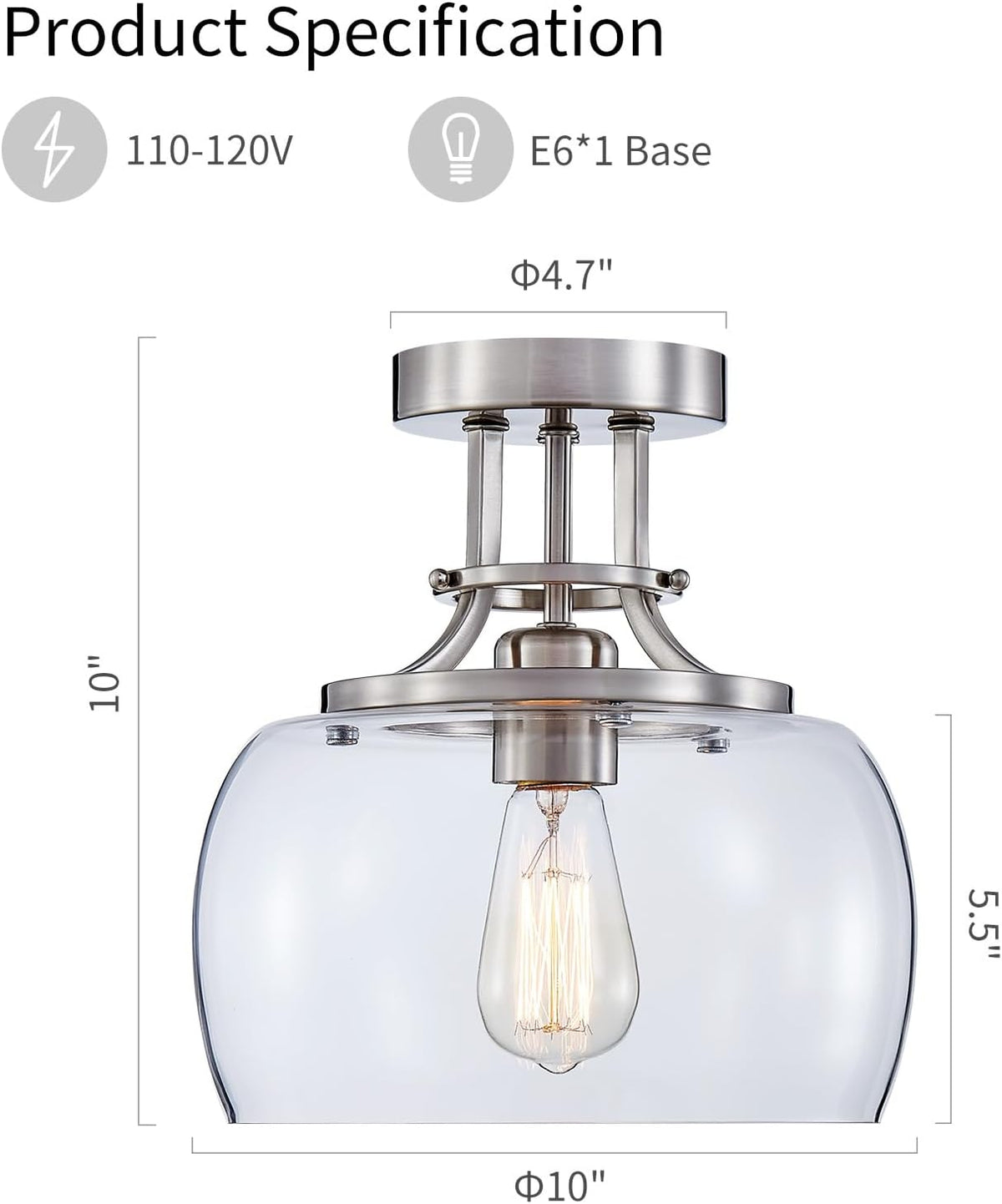 WUZUPS Chandelier Rustic Farmhouse Industrial Round Semi-flushmount Ceiling LED Light Fixture with Clear Glass Shades for Bathroom Kitchen Foyer Entryway, H 10" x W 10", E26 Base, Brushed Nickel