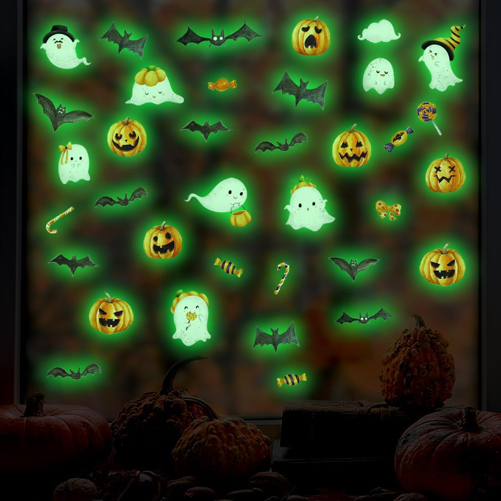clothmile 3 Sheets Glow in The Dark Halloween Window Clings Luminous Halloween Window Stickers Removable Pumpkin Ghost Bat Wall Decor Glowing Window Clings for Scary Halloween Theme Party Decorations
