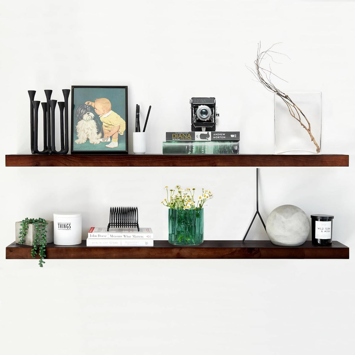 Homeforia 48 inch Walnut Floating Shelf, High End Solid Real Wood Large 48inch Floating Shelves for Wall, Dark Brown 48 inches Long Floating Shelves, Heavy Duty Bracket, 48 X 6.5 X 1.75 inch, Set of 2