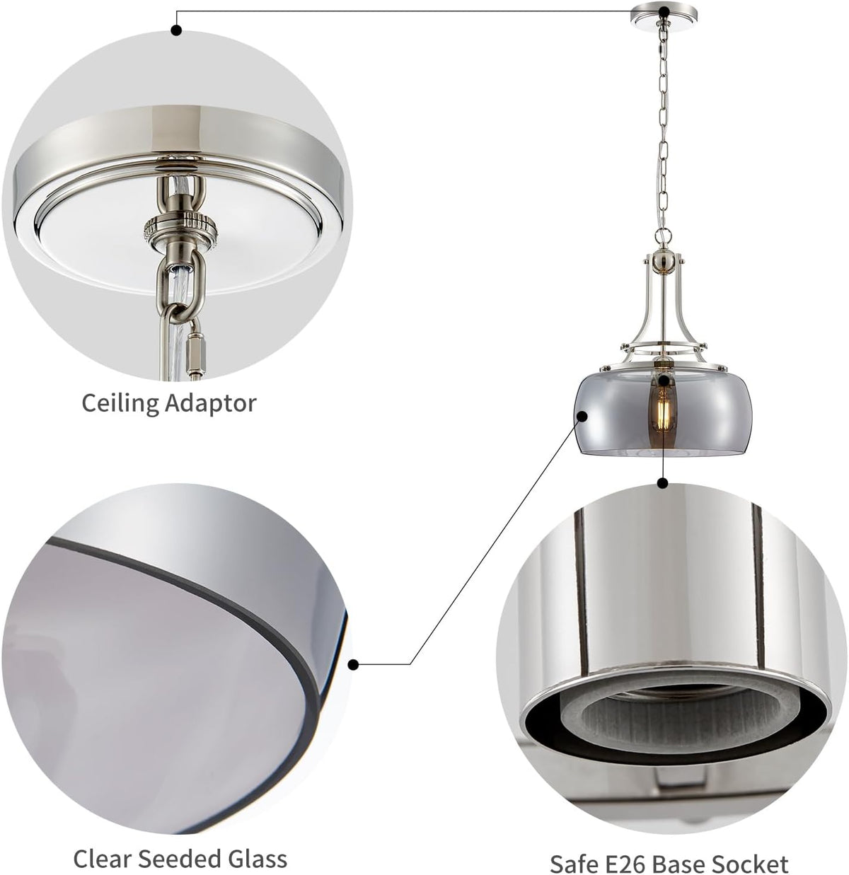 WUZUPS Nickel Chandelier Rustic Farmhouse Industrial Round Ceiling Pendant LED Light Fixture with Electroplated Gray Glass Shade for Dining Room Kitchen Island Foyer Entryway, H 17" W 13.4", E26 Base