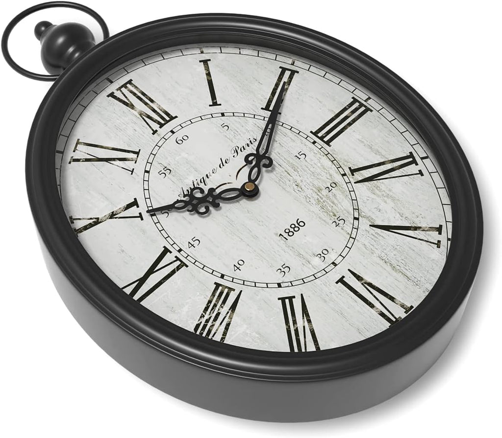 Menterry Oval Retro Wall Clock, Rustic Vintage Style, Black Antique Design, Battery Operated Silent Decor Large Wall Clocks for Kitchen,Farmhouse,Office (15.5" H x 10.5" W)