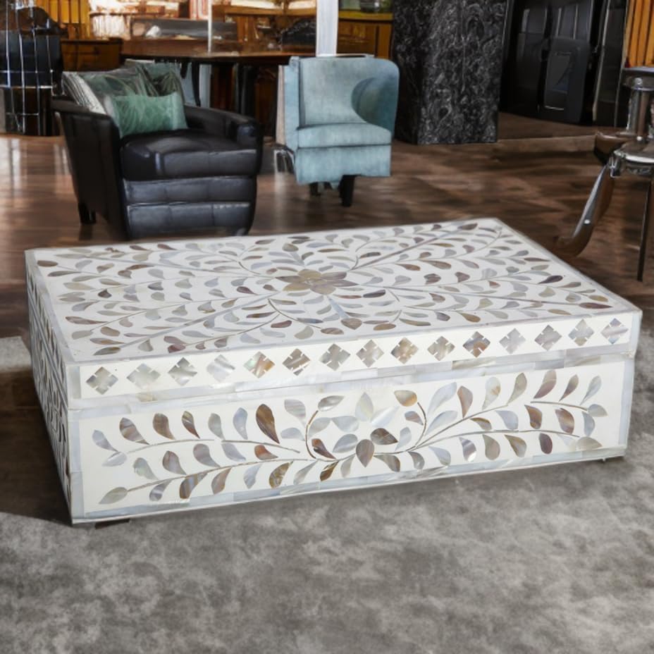 Decorative Storage Box Of Mother Of Pearl Inlay Floral Design Wooden Storage Box For Home Decoration For Living Dining & Bedroom (White_9x6x3.5 inch)