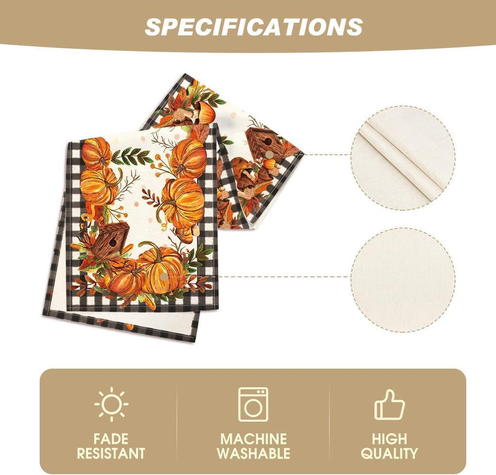 Artoid Mode Buffalo Plaid Pumpkins Mushrooms Birdhouse Leaves Table Runner, Seasonal Fall Harvest Vintage Kitchen Dining Table Decoration for Indoor Outdoor Home Party Decor 13 x 36 Inch