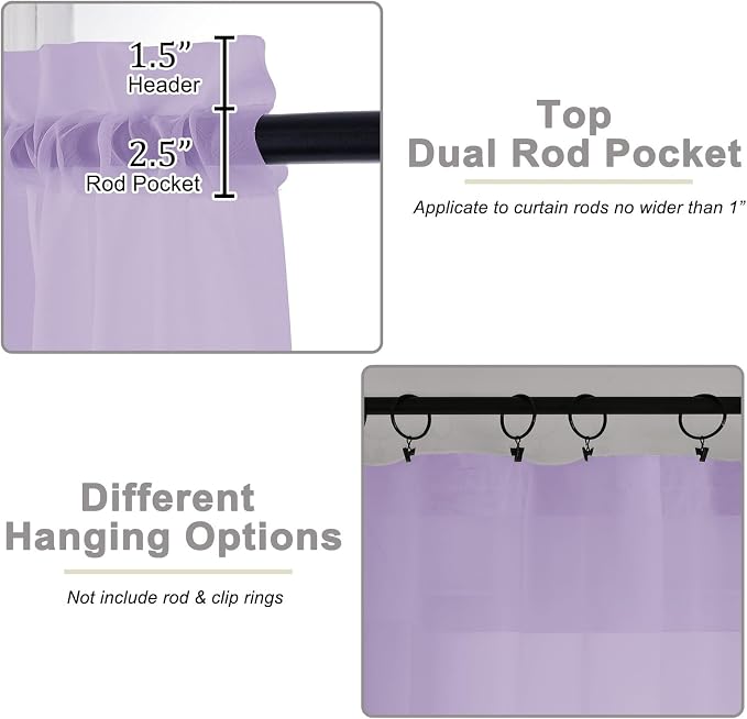 Lavender Sheer Curtains for Bedroom Living Room 96 Inches Long 2 Panels - Image 4