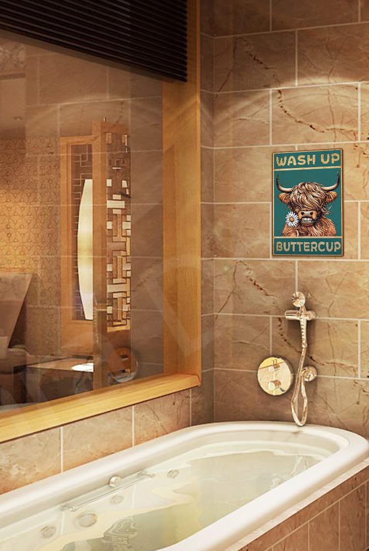 ALKB Highland Cow Sign Bathroom Wall Cow Painting for Western & Highland Cow Lovers - Funny Wash Up Sign 8 x 12 Inch