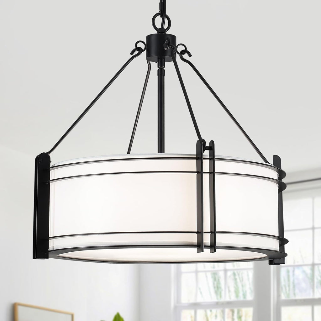 16.3''Black Drum Chandelier 3-Light Modern Farmhouse Chandelier with White Fabric Shade Adjustable Drum Pendant Light Fixture for Dining Room Kitchen Island Hallway Living Bedroom