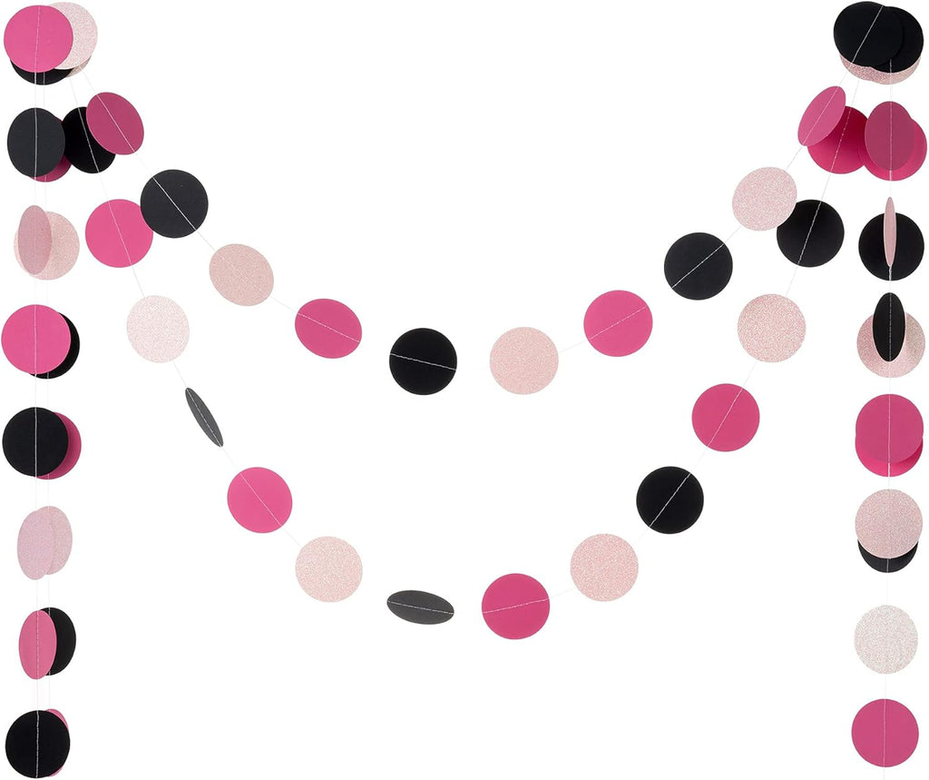 WEVEN Hot Pink Black Iridescent Glitter Paper Garland Circle Dot Streamers Party Banner for Birthday Decorations Supplies, 2.5" in Diameter, 20 Feet in Total