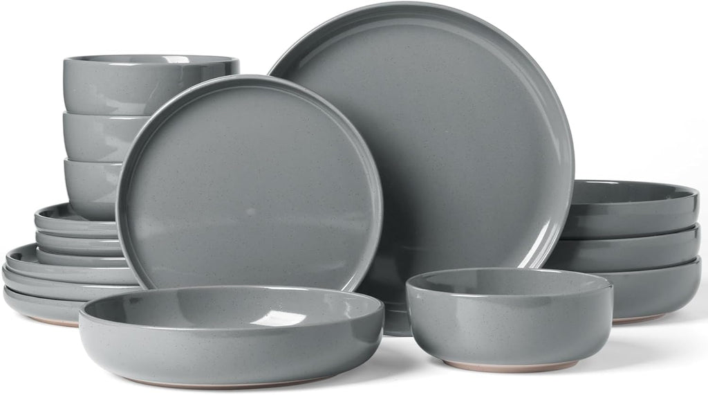 Famiware Milkyway Stoneware Dinnerware Sets with Pasta Bowls, Service for 4 (16 Pieces), Plates and Bowls Sets -Scratch Resistant, Microwave and Dishwasher Safe Dishes Set, Dark Gray
