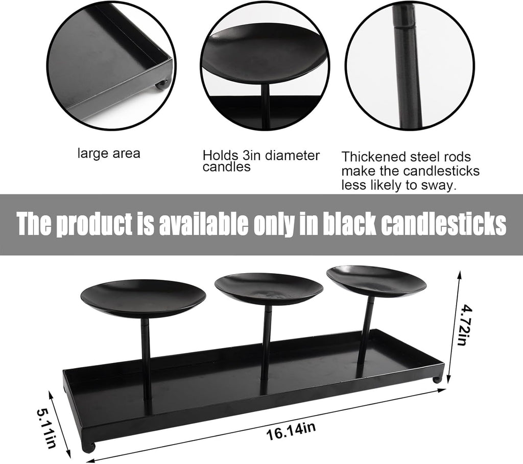 3 Pillar Black Metal Candle Holders for Table Centerpiece, Fall Thanksgiving & Halloween Dining Table, Fireplace Mantel Decor, Tray Candlestick for Living Room Rustic Decorations