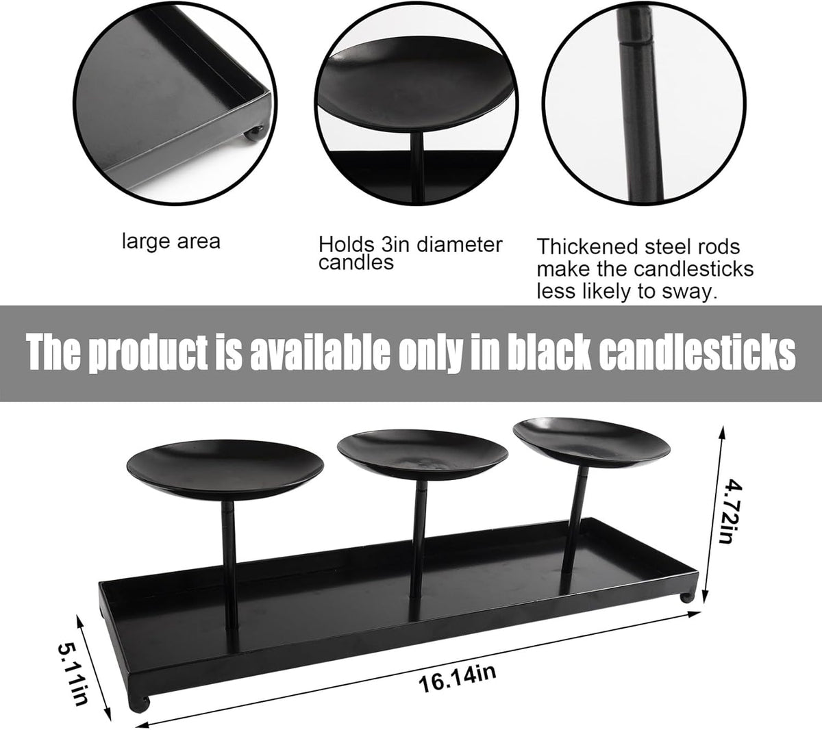 3 Pillar Black Metal Candle Holders for Table Centerpiece, Fall Thanksgiving & Halloween Dining Table, Fireplace Mantel Decor, Tray Candlestick for Living Room Rustic Decorations