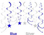 Party Star Swirl Decorations, Blue and Silver Foil Ceiling Hanging Star Swirl Decorations, Whirls Decorations for Birthday | Wedding | Anniversary | Graduation Party, Pack of 30