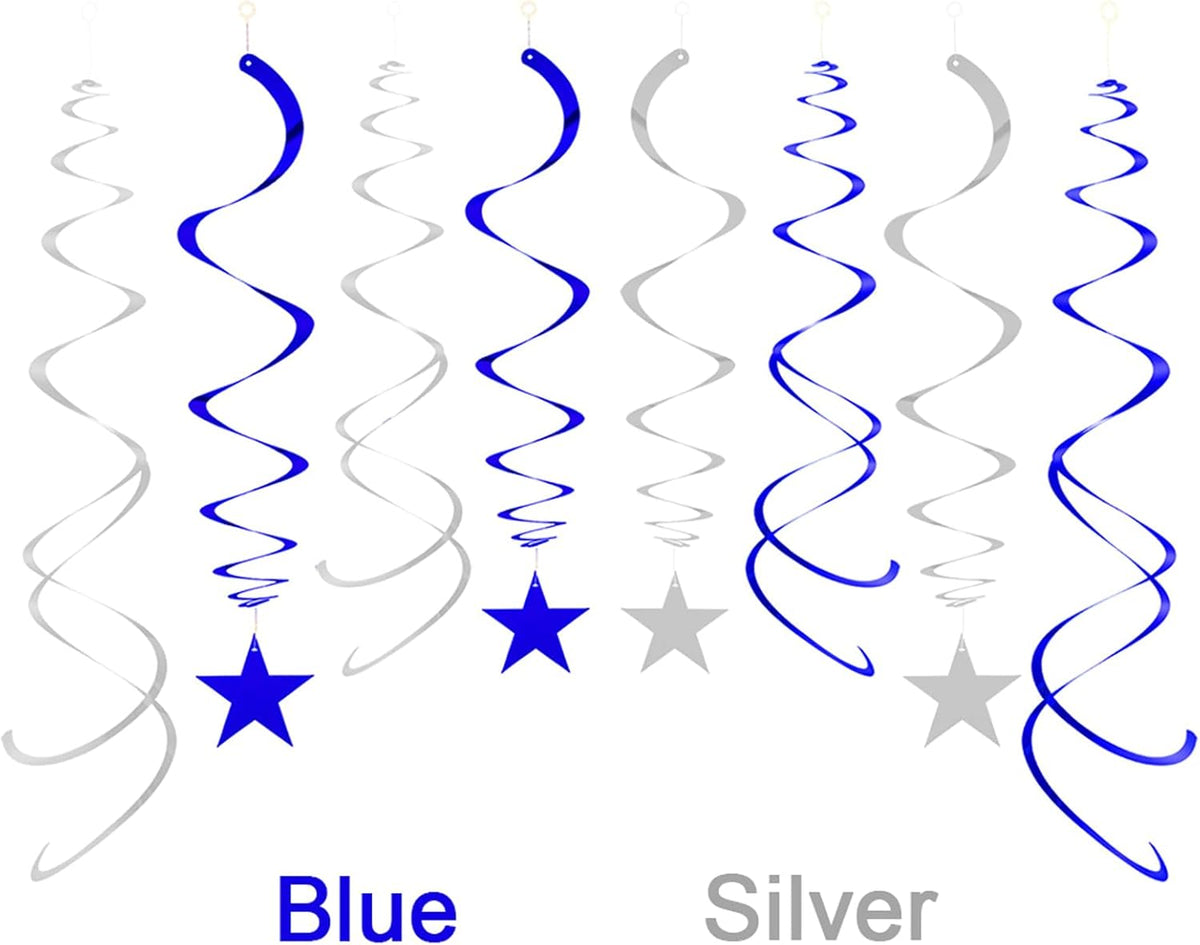 Party Star Swirl Decorations, Blue and Silver Foil Ceiling Hanging Star Swirl Decorations, Whirls Decorations for Birthday | Wedding | Anniversary | Graduation Party, Pack of 30