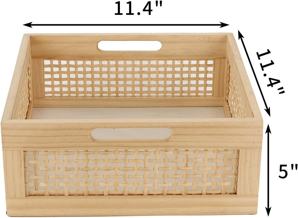 YRMT Wood Storage Crate Basket Rustic Wooden Storage Container for Organizing Decorative Bamboo Box with Handles for Pantry, Shelves Organizer 11.4" x 11.4" x 5" (Natural)