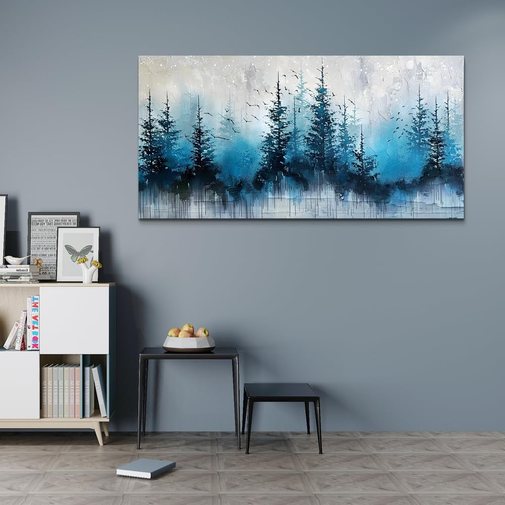 hyidecorart Large Wall Art For Living Room Framed Wall Decor For Office Bedroom Decoration Scenery Abstract Wall Painting Misty Forest Trees Pictures Artwork Canvas Prints Home Room Decor 48"X 24"
